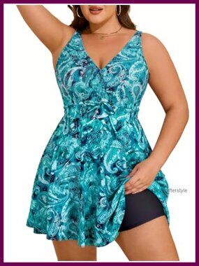 Plus Size Tankini Swimdress High Waisted Tummy Control Two Piece Bathing Suit